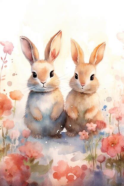 Premium AI Image There Are Two Rabbits Sitting In A Field Of Flowers