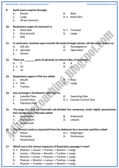 Adamjee Coaching Mcat Biology Gaseous Exchange Mcqs For Medical