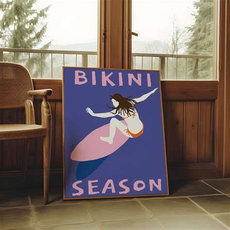 Surfer Girl Blue Poster Cover Bikini Season Pink Print Beach House Interior Decor Trend Big