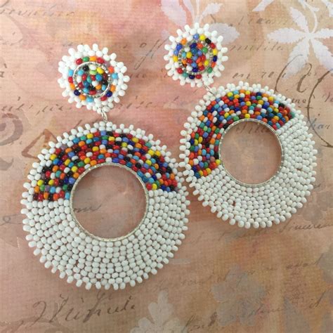 Hoop Earrings Seed Bead Earrings Post Earrings White and | Etsy