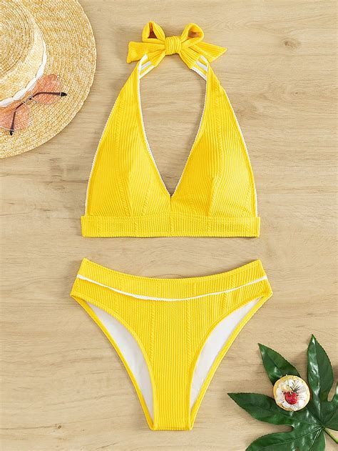 Shein Swim Vcay Ladies Solid Color Halter Neck Strap Bikini Swimsuit