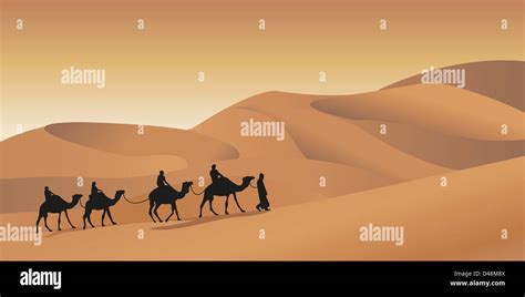 Background illustration with a camel caravan Stock Photo - Alamy