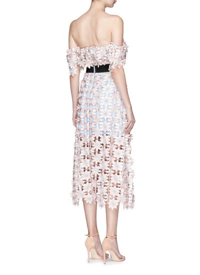 Self Portrait 3d Floral Lace Off The Shoulder Midi Dress In Piek Modesens