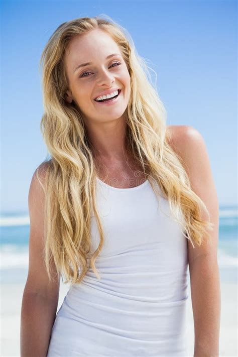 Gorgeous Blonde Smiling At Camera On The Beach Stock Photo Image Of Bright Outdoors 42528794