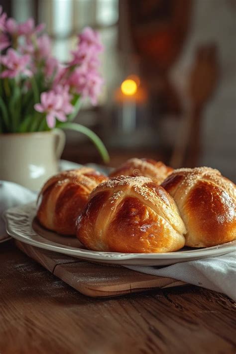 Easter Cheesy Hot Cross Buns On Tea Towel With Jug Of Flowers And Candles In Country Kitchen