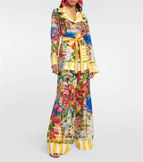 Portofino Printed Belted Silk Shirt In Multicoloured Dolce Gabbana