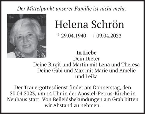 Traueranzeigen Von Helena Schr N Trauer Merkur De