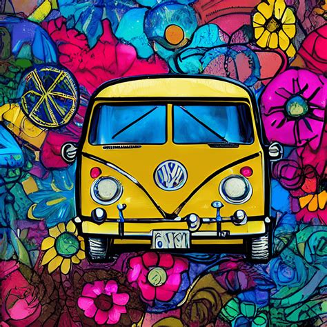 Yellow Red Blue Volkswagen Mini Van Hippie Decorations Peace Symbols ...