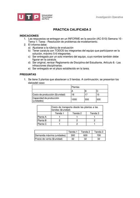 Practica Calificada 2 IO 206293838 Investigación Operativa PRACTICA
