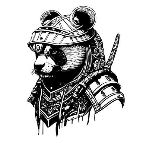 Logotipo samurai panda irritado ilustração desenhada à mão em preto e