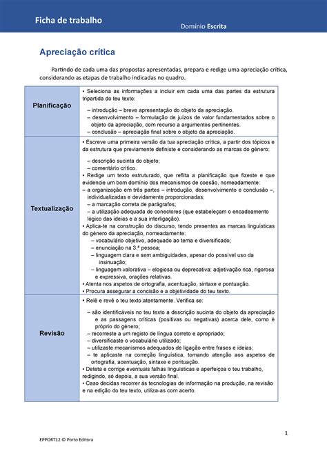 Epport Ficha Escrita Apreciacao Critica Ficha De Trabalho Escrita