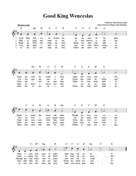 Good King Wenceslas C Instrument Sheet Music (Lead Sheet) with Chords ...