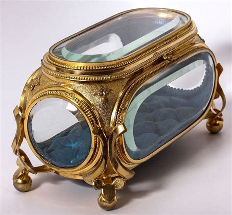 Antique French Deep Beveled Glass Jewelry Box Casket Brilliant Dore Ormolu Glass Jewelry Box