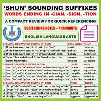 SHUN SOUNDING SUFFIXES WORDS ENDING IN CIAN SION TION