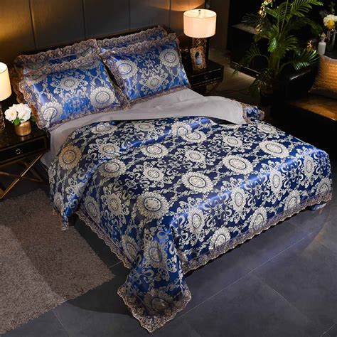 Luxe Bule Jacquard Satijn Zijde Beddengoed Set Maa Grandado