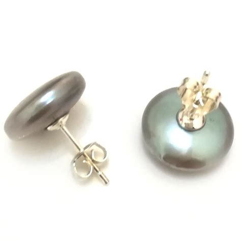 13 15mm Silver Gray Natural Button Pearl 925 Sterling Silver Stud