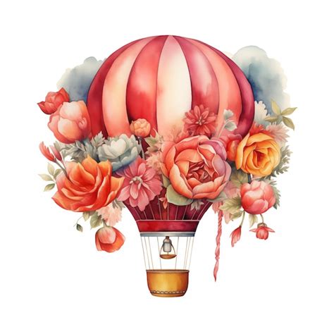 Premium Photo Hot Air Balloon Filled With Flowers Watercolor Paint