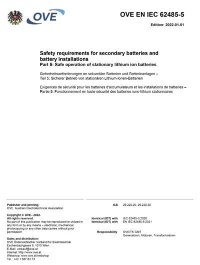 OVE EN IEC 62485 5 2022 Safety Requirements For Secondary Batteries