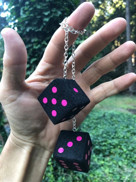 Black Fuzzy Dice With Hot Pink Dots And Chain Or Cord Car Accessories