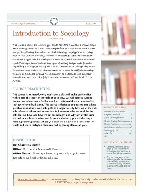 Intro To Sociology Syllabus F Fall Online My Usf