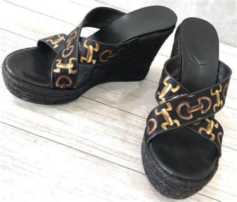 Gucci Wedge Sandals Black X Gold Approx 22cm Ebay