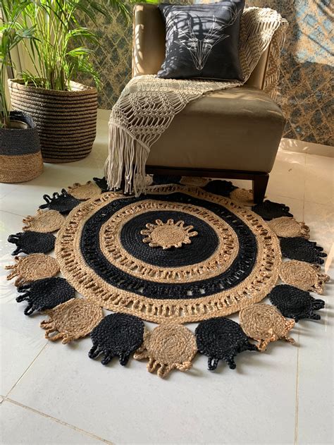 Handmade Jute Rug Floral Round Jute Rug Natural Jute Etsy