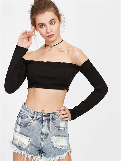 Black Ribbed Off The Shoulder Crop T Shirt Shein Sheinside