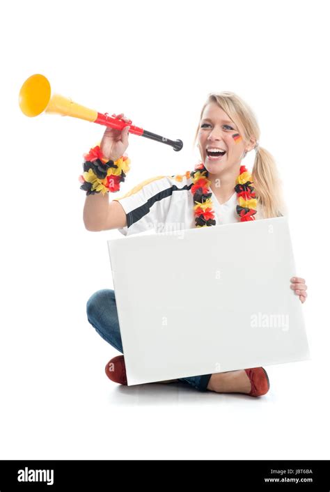 Blonde Football Fan With Vuvuzela Holding A Poster Stock Photo Alamy