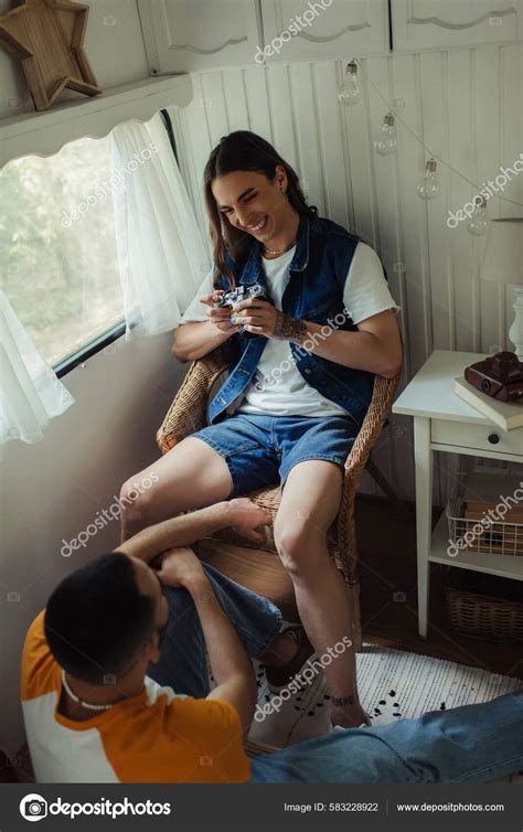 High Angle View Happy Gay Man Holding Vintage Camera Sitting Stock Photo HayDmitriy 583228922