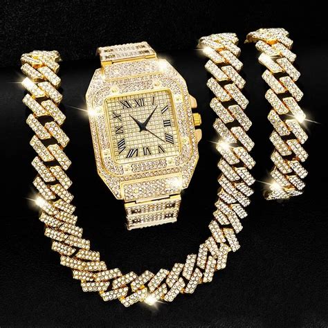 Collar De Cadena Iced Out Hip Hop Para Hombres Reloj Y Conjunto De