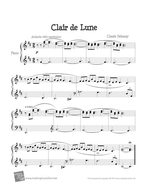 Claude Debussy Clair De Lune Sheet Music Piano Solo In C Major