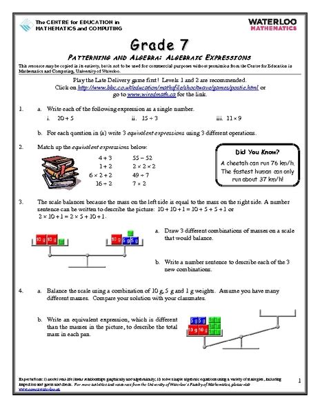 Grade 7 Patterning And Algebra Algebraic Expressions Worksheet For 6th