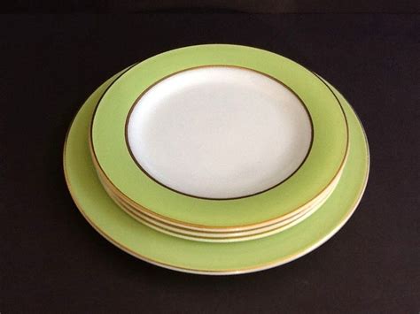 Mid Century Pyrex Milk Glass Plates With Lime Green Rim Gold Trim Set