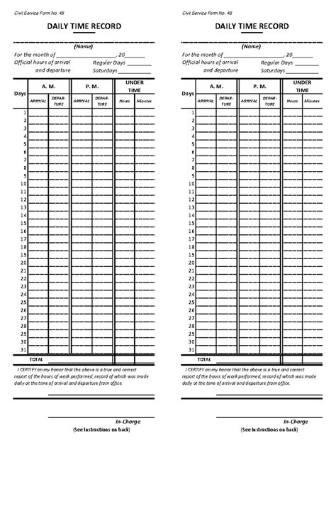Civil Service Form No. 48: Daily Time Record (DTR) Template - Studocu
