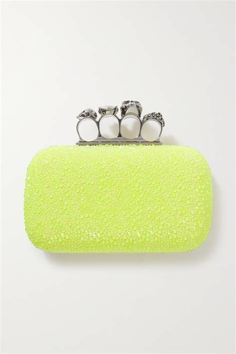 Alexander Mcqueen Four Ring Crystal Embellished Neon Leather Clutch