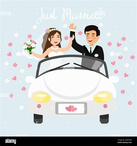 Vector Illustration Of Just Married Couple Driving A White Car In