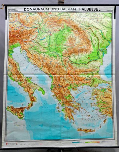 Vintage Geographical Wall Chart Poster Map Danube Region Balkan