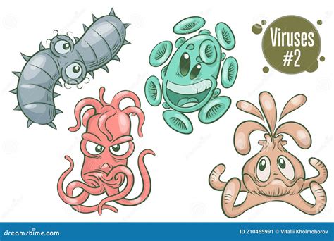 Funny Bacteria Virus And Pathogen Cartoon Character Set Cute Stock