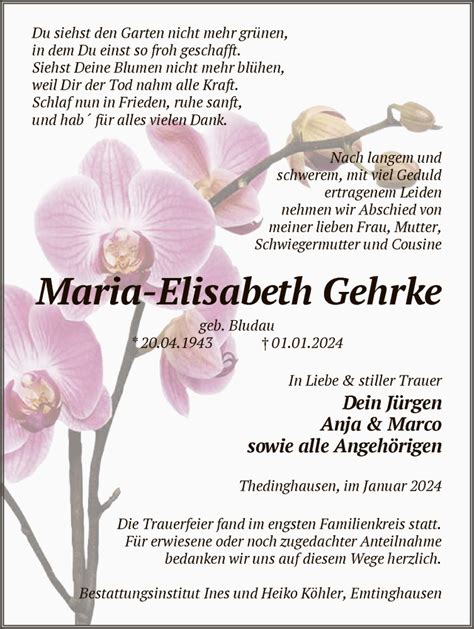 Traueranzeigen Von Maria Elisabeth Gehrke Trauer Kreiszeitung De