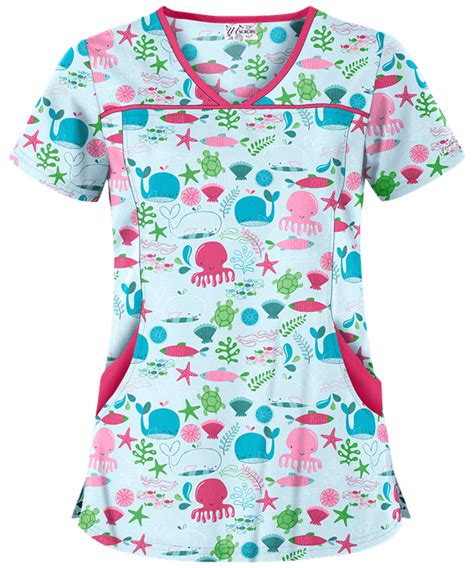 Ua Whales And Friends Blue Princess Seam Print Scrub Top In 2021 Tops