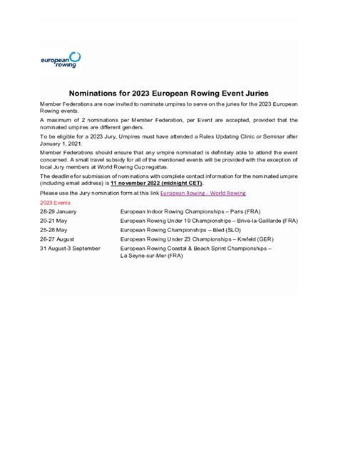 Fillable Online Nominations For European Rowing Event Juries Fax