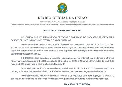 Concurso CRM SC edital publicado vagas de níveis médio e superior