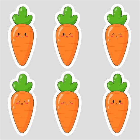 Set Of Stickers With Cute Cartoon Carrot Carrot Emoji With Different Emotions Flat Vector