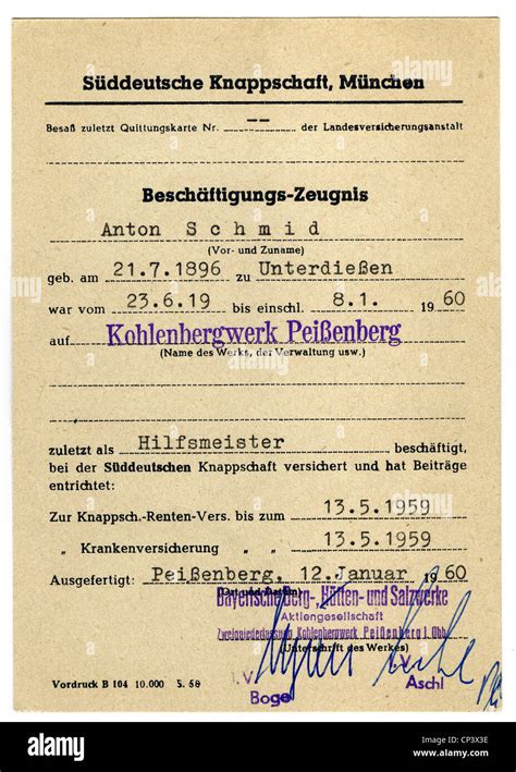 mining, coal mining, certificate of employment for the miner Anton Schmid, Peissenberg coal mine ...