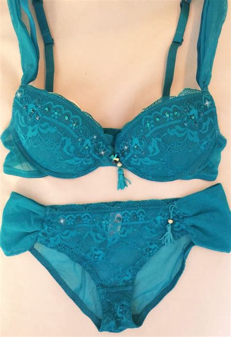 Rich Turquoise Aqua Swarovski Crystal Lace Bra And Panty Set Etsy Bra And Panty Sets Lace