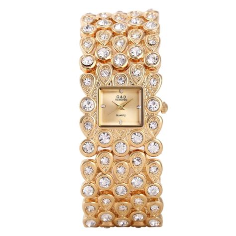 G&D Luxury Brand Gold Women's Watches Bracelet Watches Ladies Quartz Wristwatch Crystal Band ...