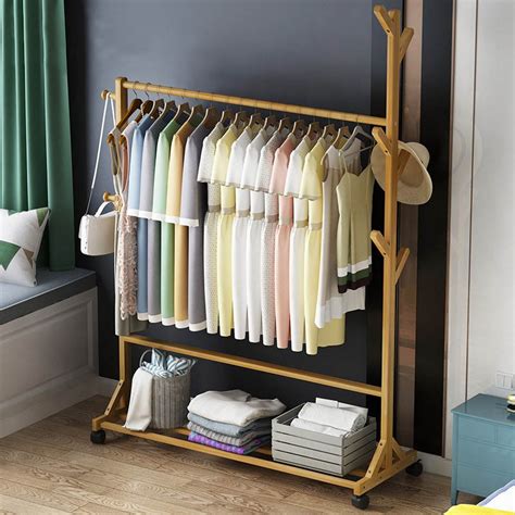 Cloth Rack Bamboo Wooden Rack Bedroom Hanging Clothing Organizer Rak