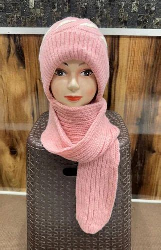 Plain Pink Ladies Winter Woolen Cap Neck Muffler Set Size Medium At