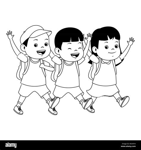 School kids smiling with backpacks in black and white Stock Vector ...