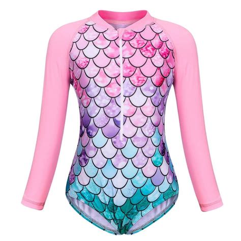 Jurebecia Girls Ariel Mermaid Long Sleeve Swimsuit One Piece Bathing